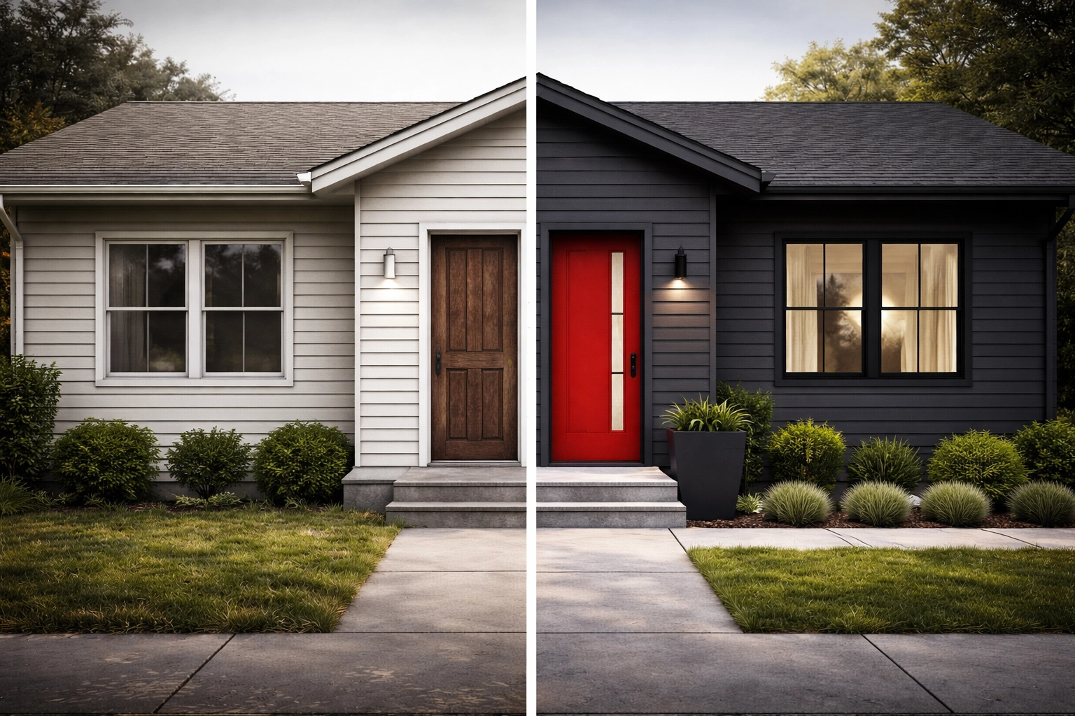 Split view of a Chattanooga home before and after an exterior refresh, showcasing coordinated siding, windows, and door upgrades.