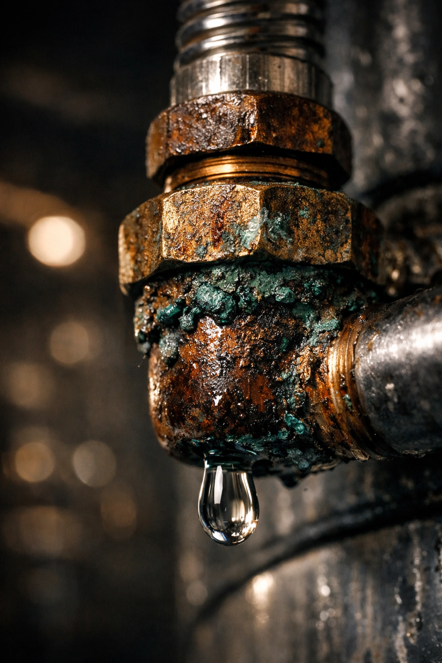 Water leaking from a corroded pipe joint on a commercial water heater needing replacement.