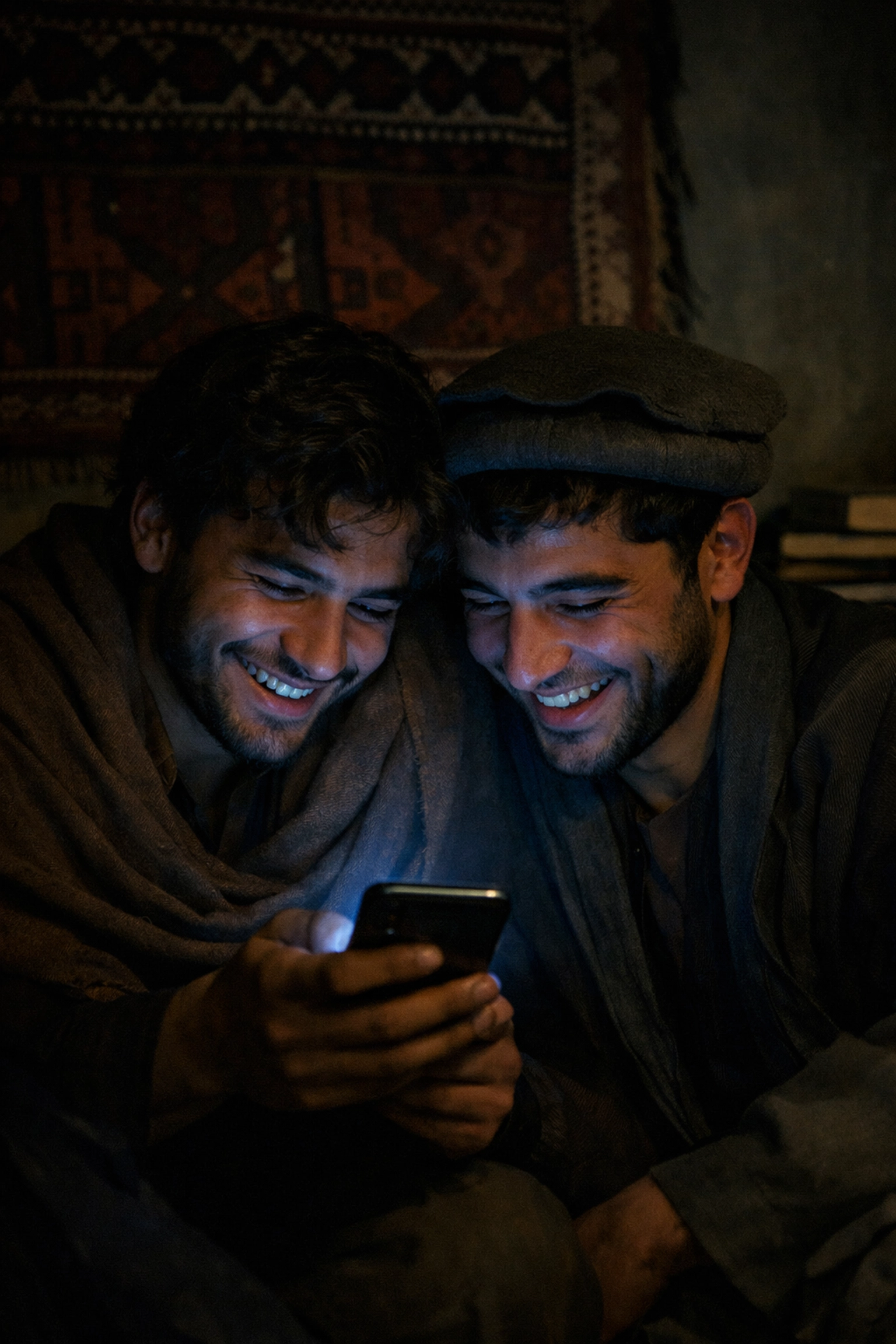 Two young Afghan men in a modern safe house, finding connection and M/M books through a smartphone.
