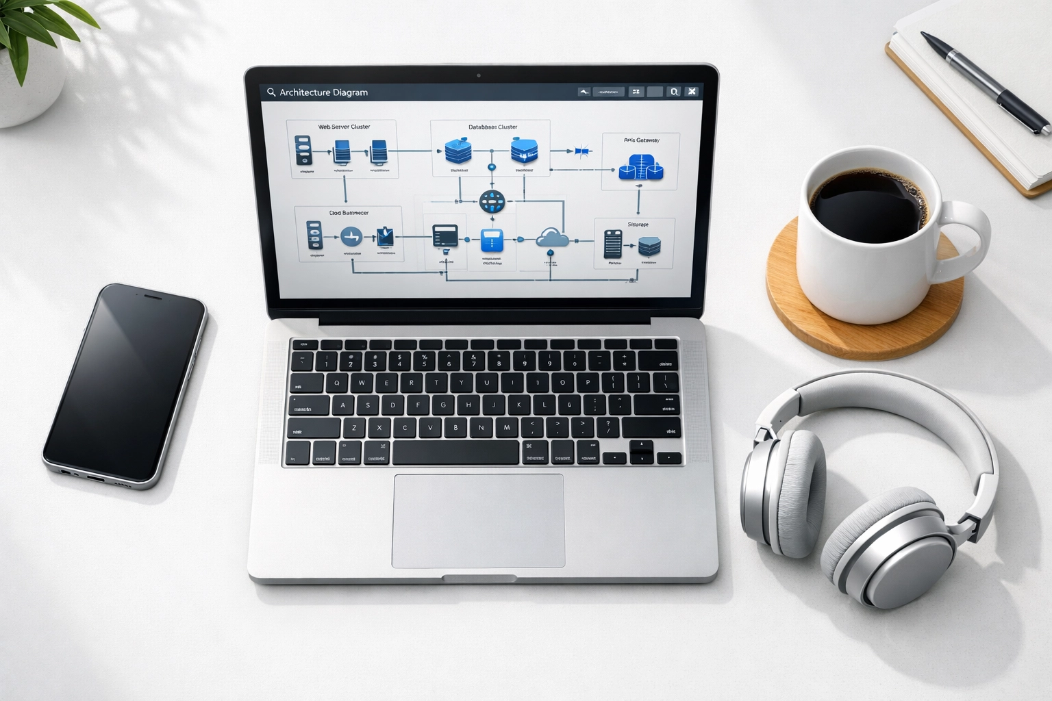 Modern desk with a laptop displaying a technical ITOM node diagram for a ServiceNow implementation.