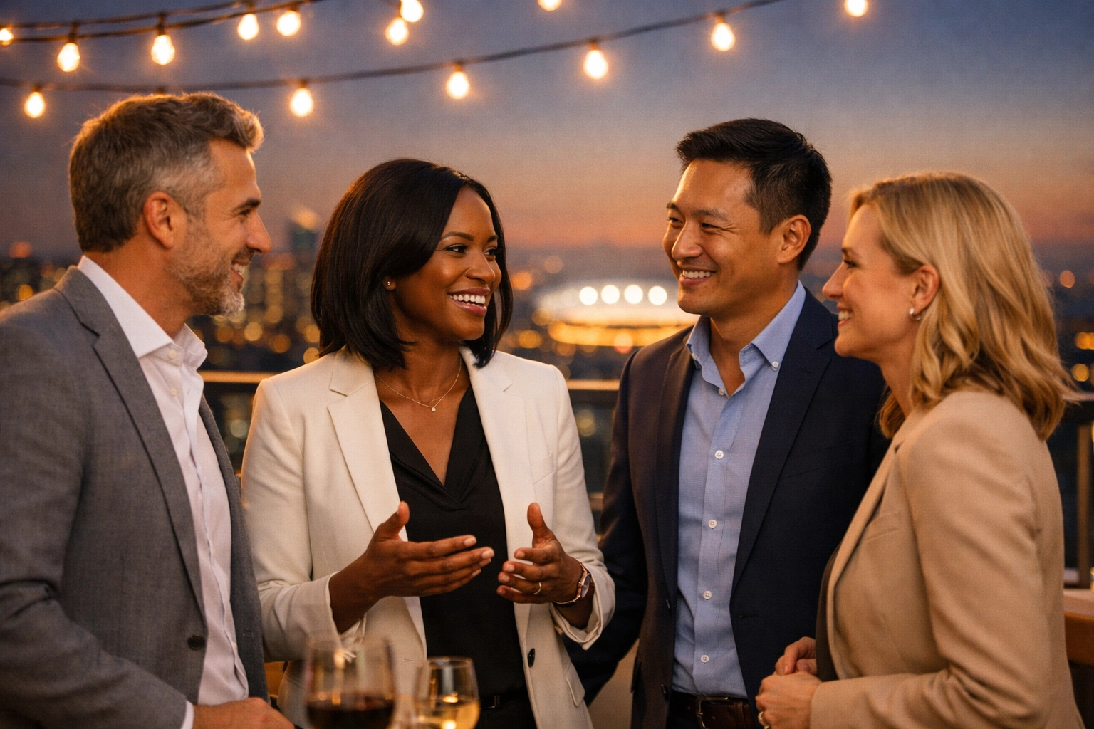 Professional executives networking at a luxury rooftop lounge with a glowing football stadium in the background.