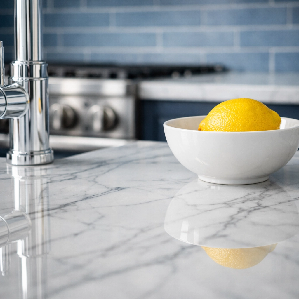 Detail of a sanitized marble kitchen counter and stainless steel range from a luxury house cleaning service in Lexington.