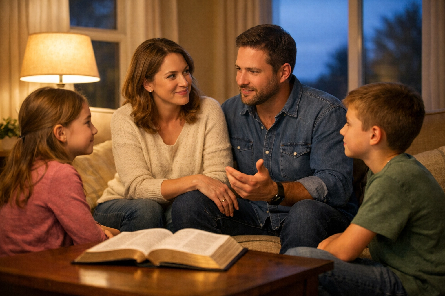 Christian family having Bible discussion with children about faith and movie themes