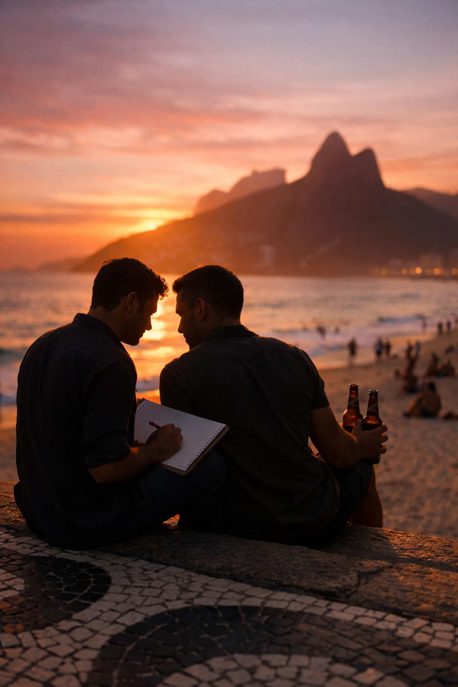 Two men share sunset beers at Ipanema Beach in this slow burn MM romance set in Rio de Janeiro