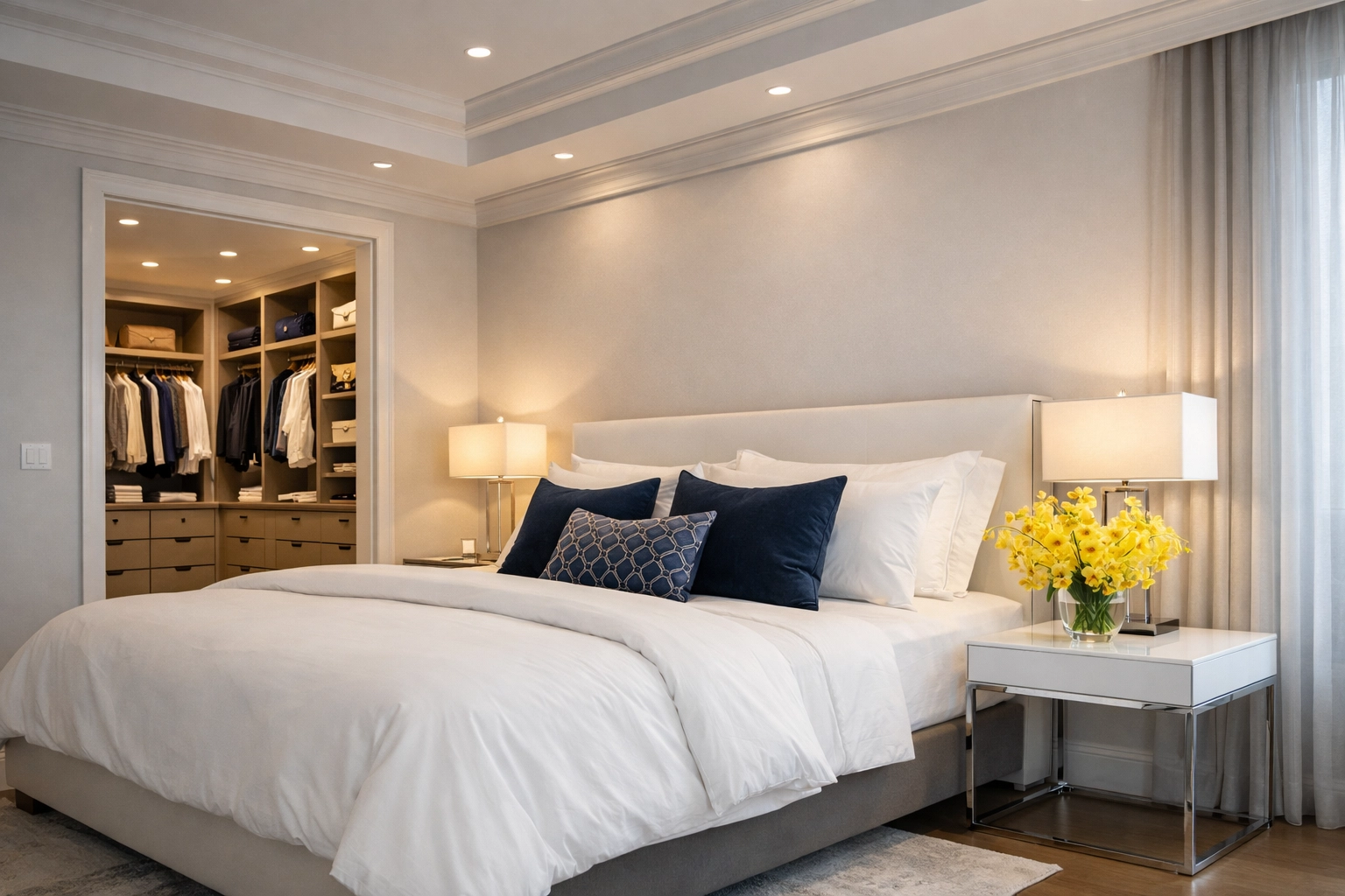 A perfectly cleaned luxury master bedroom suite in a Concord home with crisp linens and organized details.