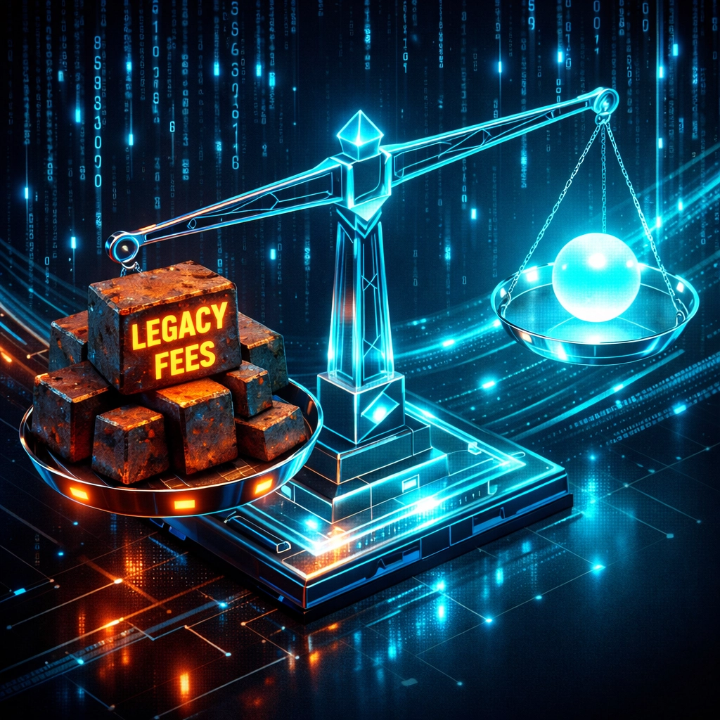 Digital scale weighing high legacy merchant fees against Larecoin's low-cost transaction efficiency.