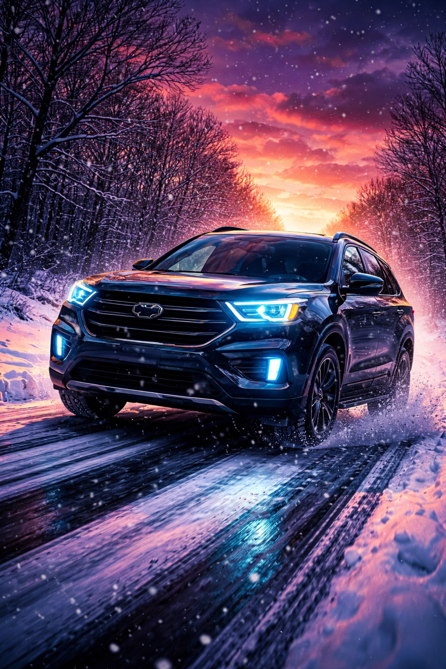 Family SUV driving on a snowy Missouri road at dusk, perfect for winter driving and Arnold families' safety needs