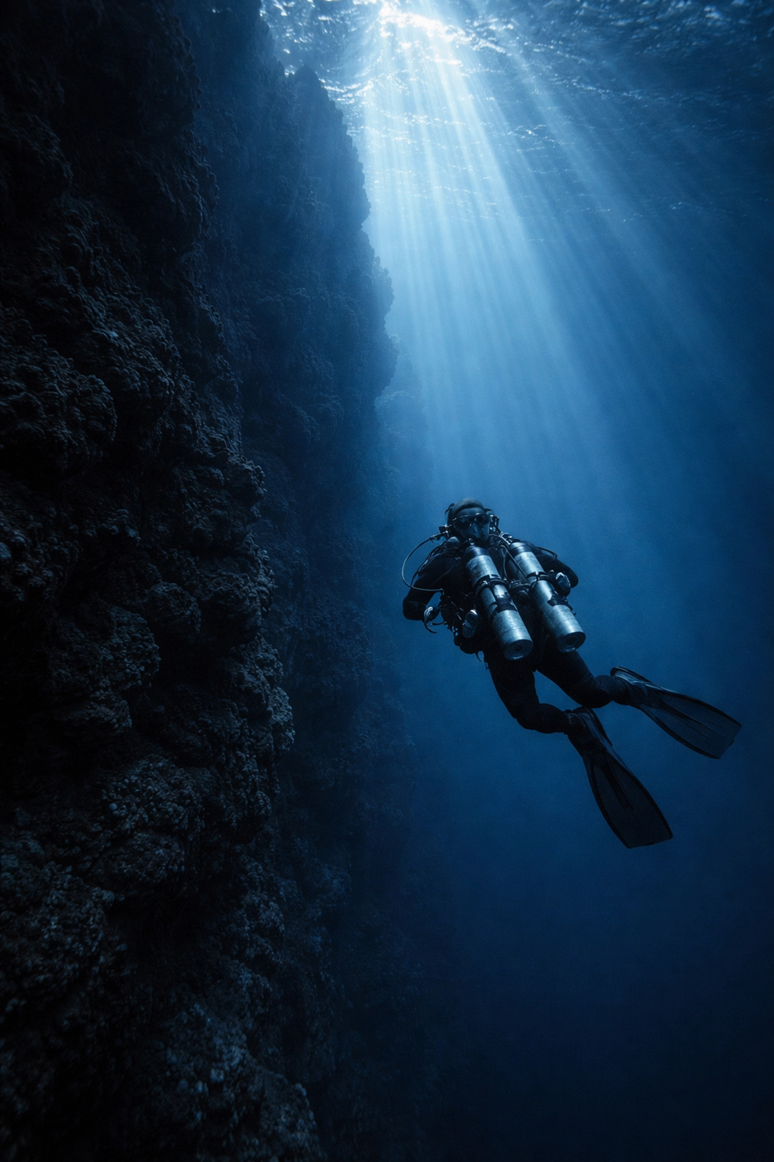 Technischer Taucher mit Scubaforce Regler taucht an Steilwand, für professionelle Tauchausrüstung und Sicherheit