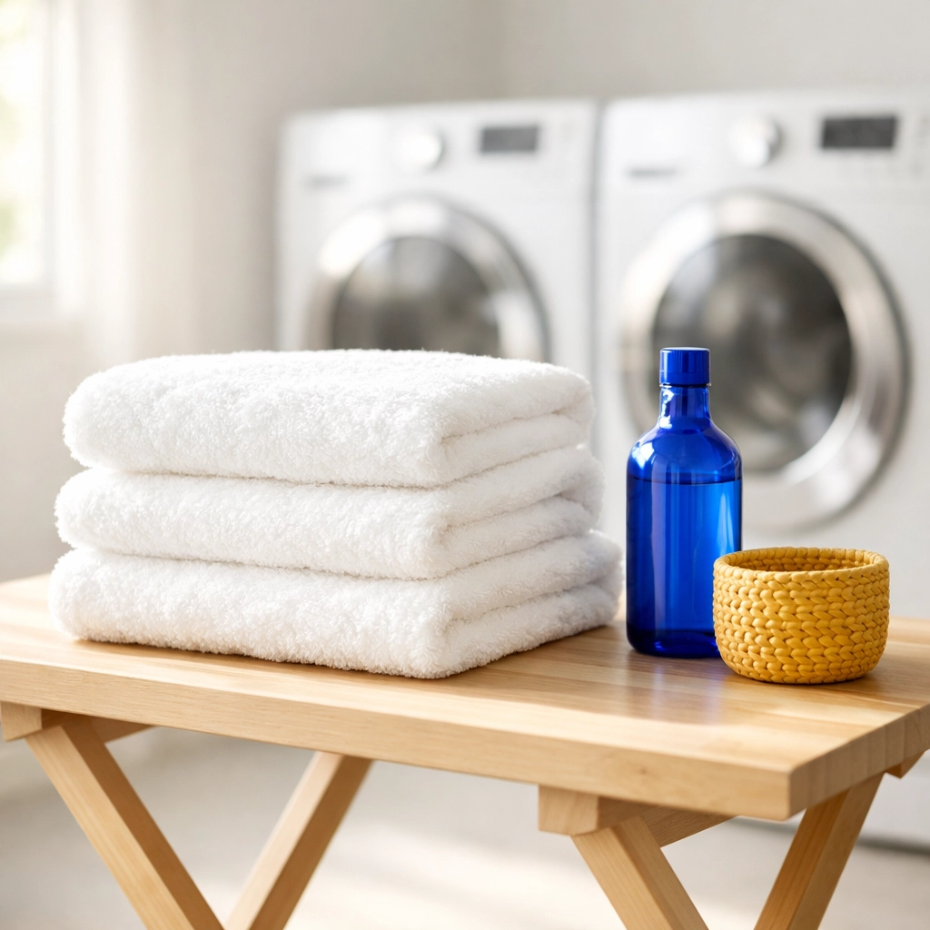 Bright and fluffy white towels in a modern laundry room showcasing natural whitening results.
