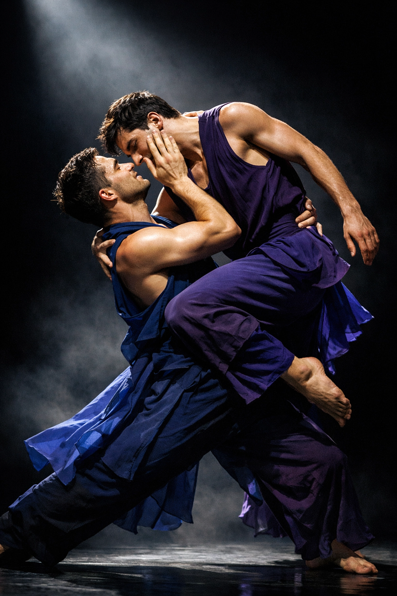 Male contemporary dancers performing expressive lift onstage
