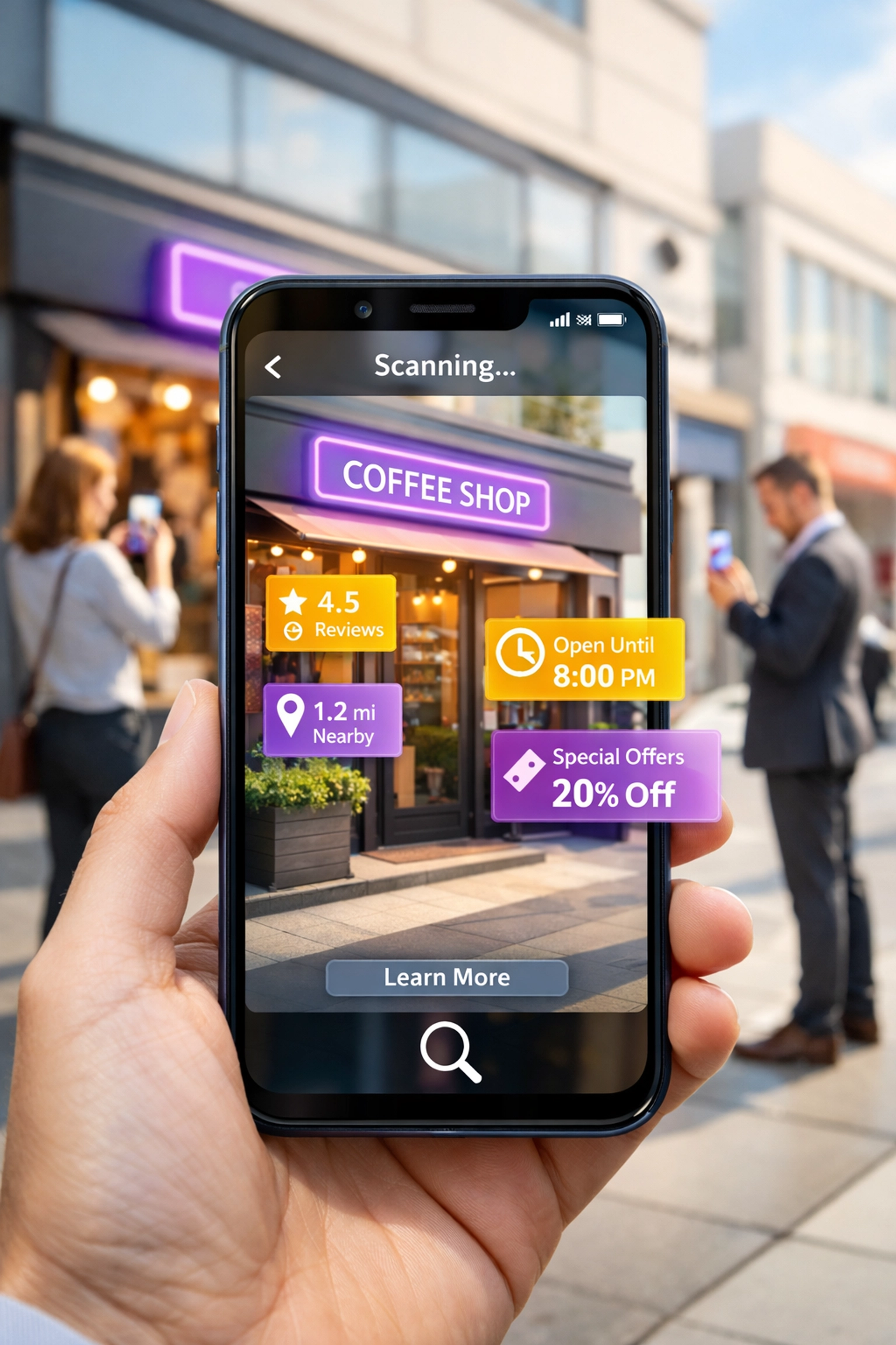 Smartphone visual search scanning storefront with augmented reality business overlays