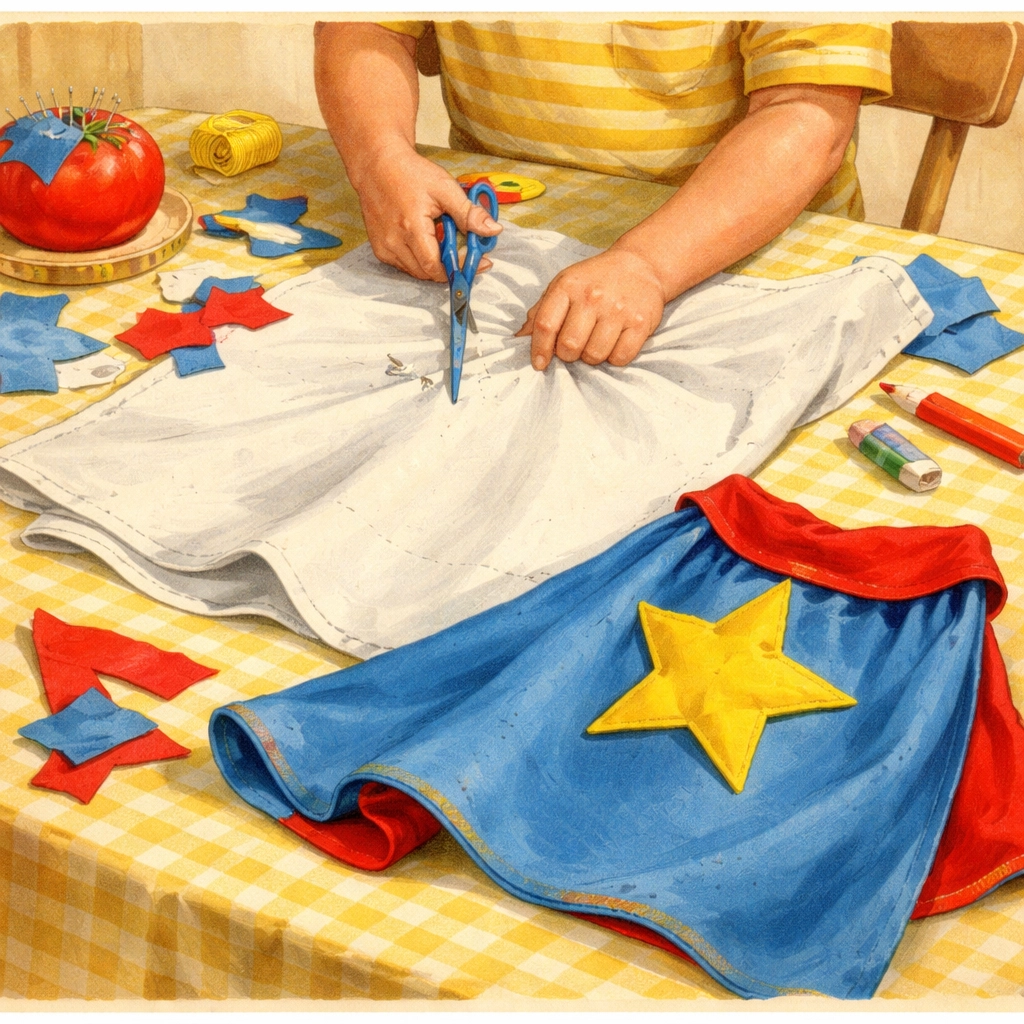 Child's hands cutting a pillowcase to make a DIY superhero cape, surrounded by colorful fabric scraps and crafting supplies