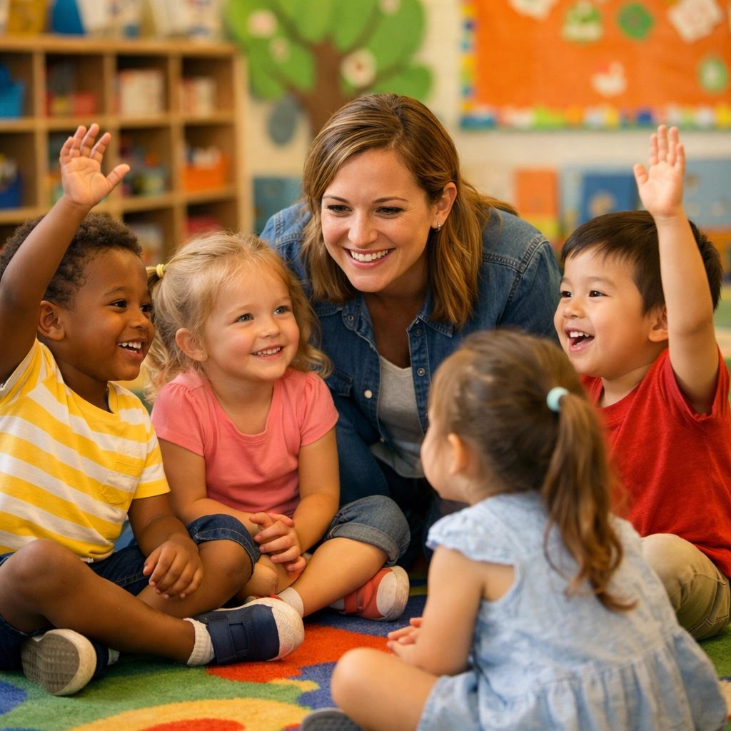 Teacher engaging with preschoolers in circle time at RGV daycare