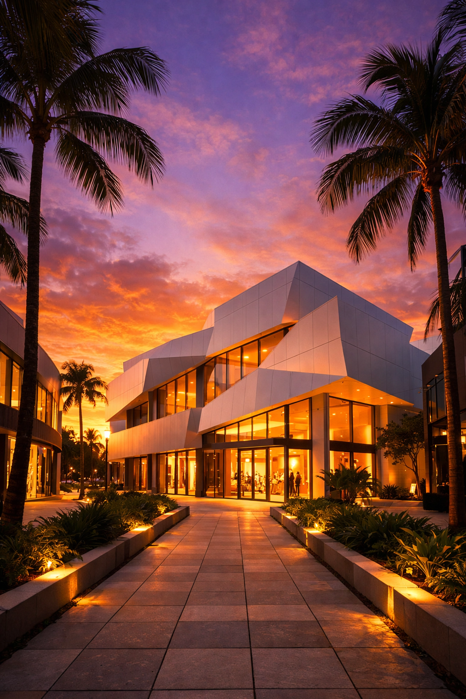 Architectural brand photography in the Miami Design District during golden hour sunset.