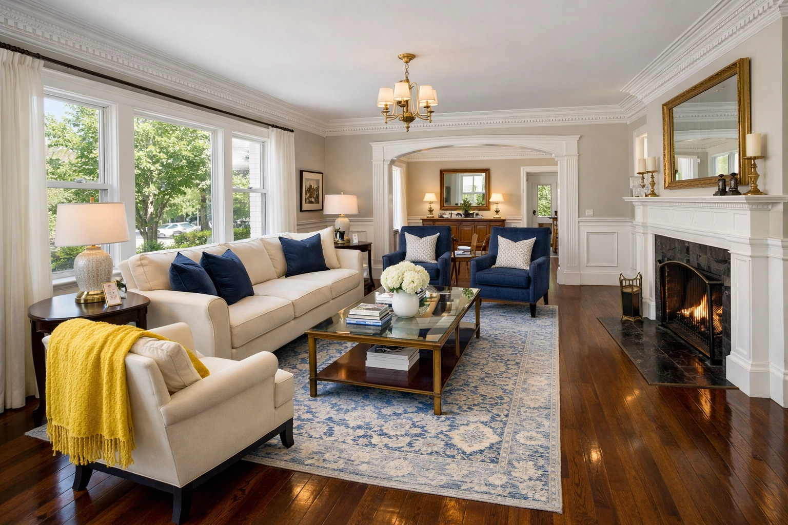 Clean living room in a Melrose Colonial home with dust-free floors from a reliable deep cleaning service in Melrose.