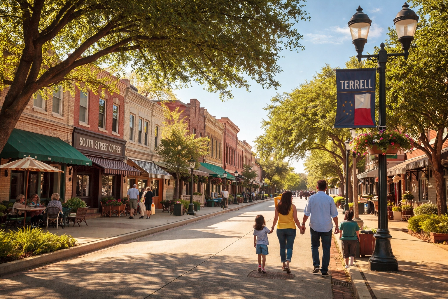 Charming downtown Terrell, Texas main street with local shops and families walking