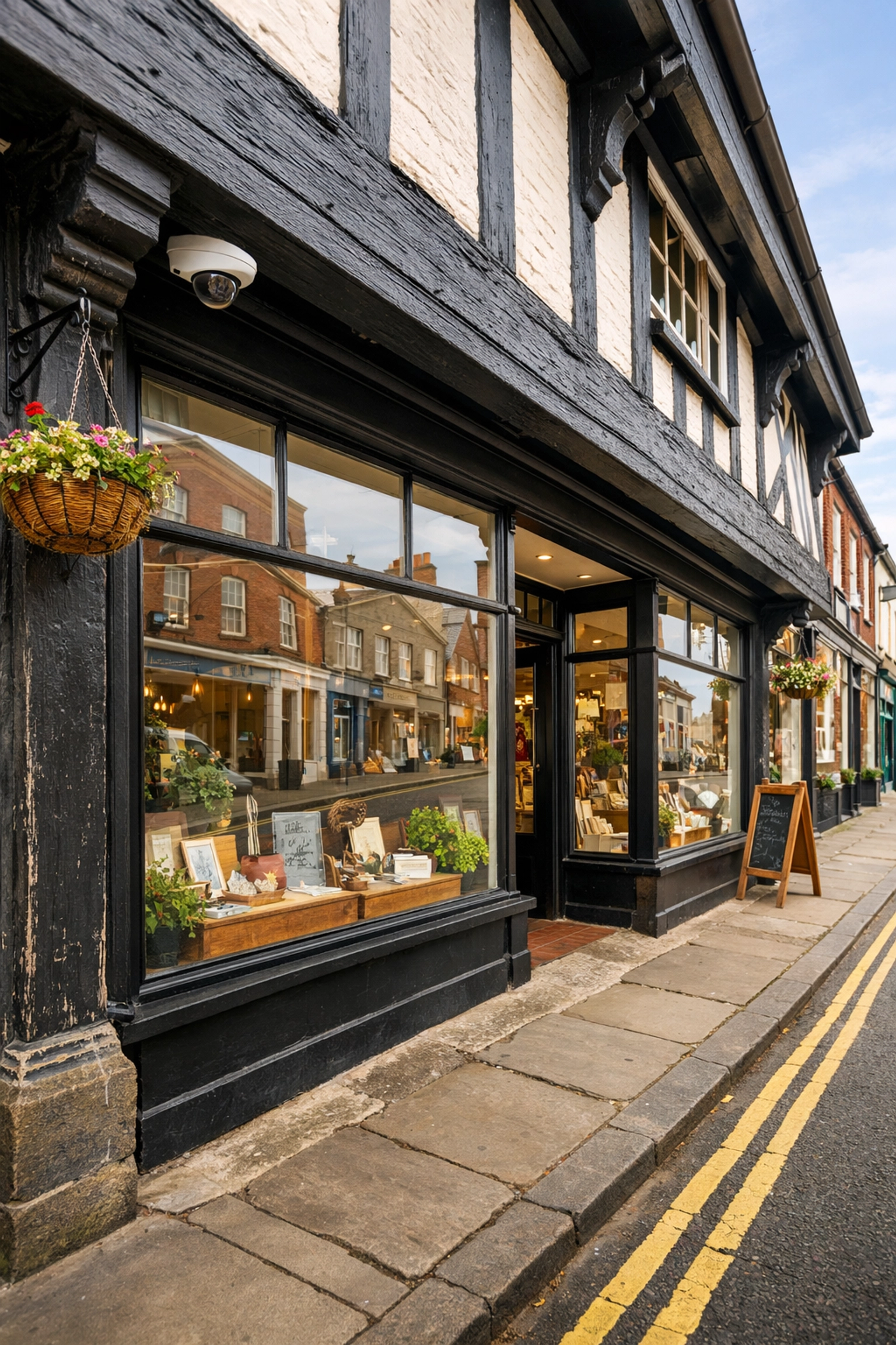 Professional business security camera installation on a historic shop front in Devizes high street.