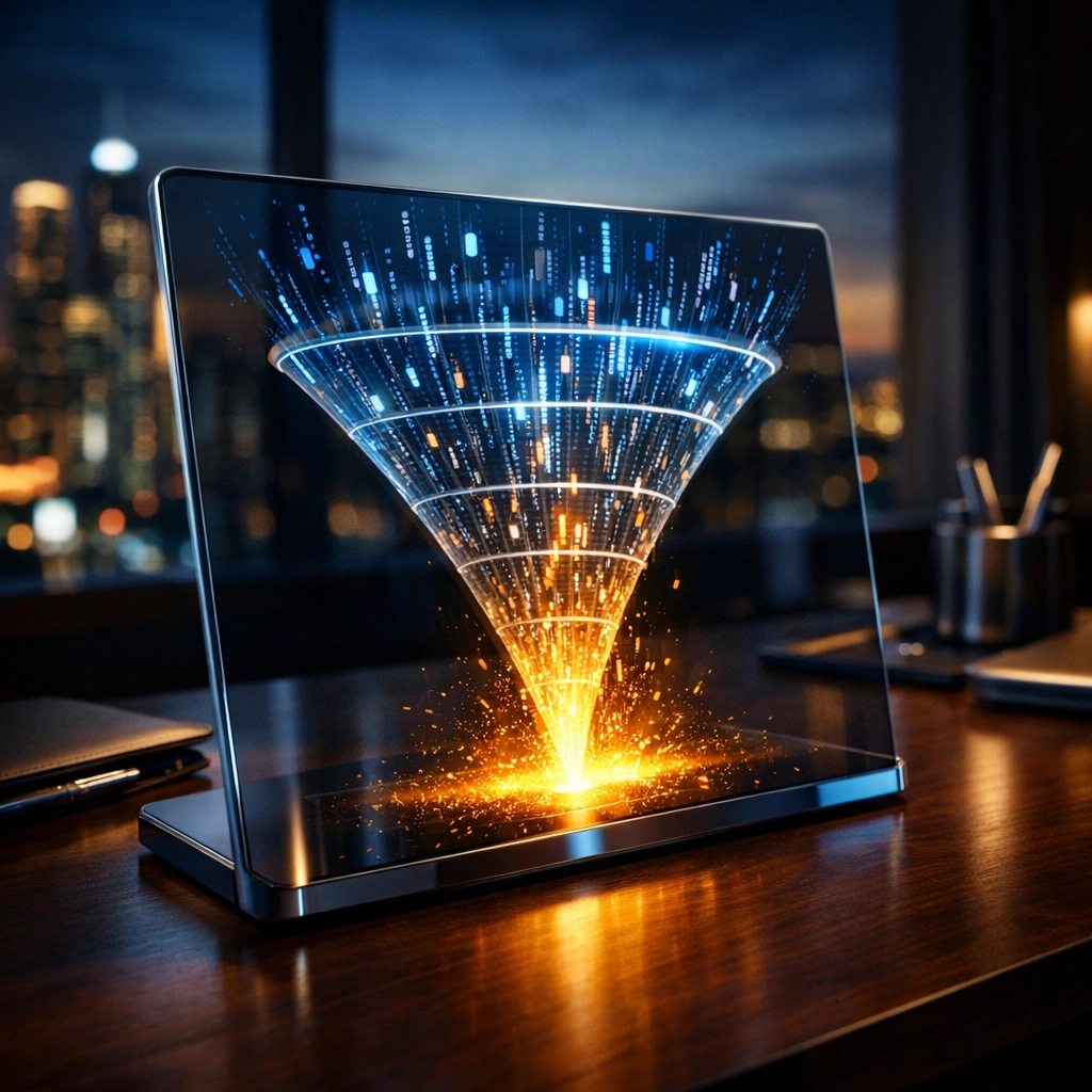 Digital sales funnel on a tablet for professional speakers managing leads with GoHighLevel software.