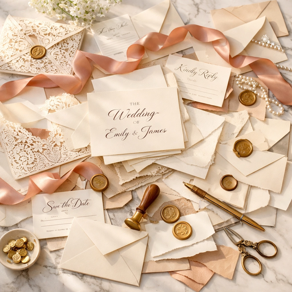 Expensive paper wedding invitations and stationery on a marble table representing wedding costs.