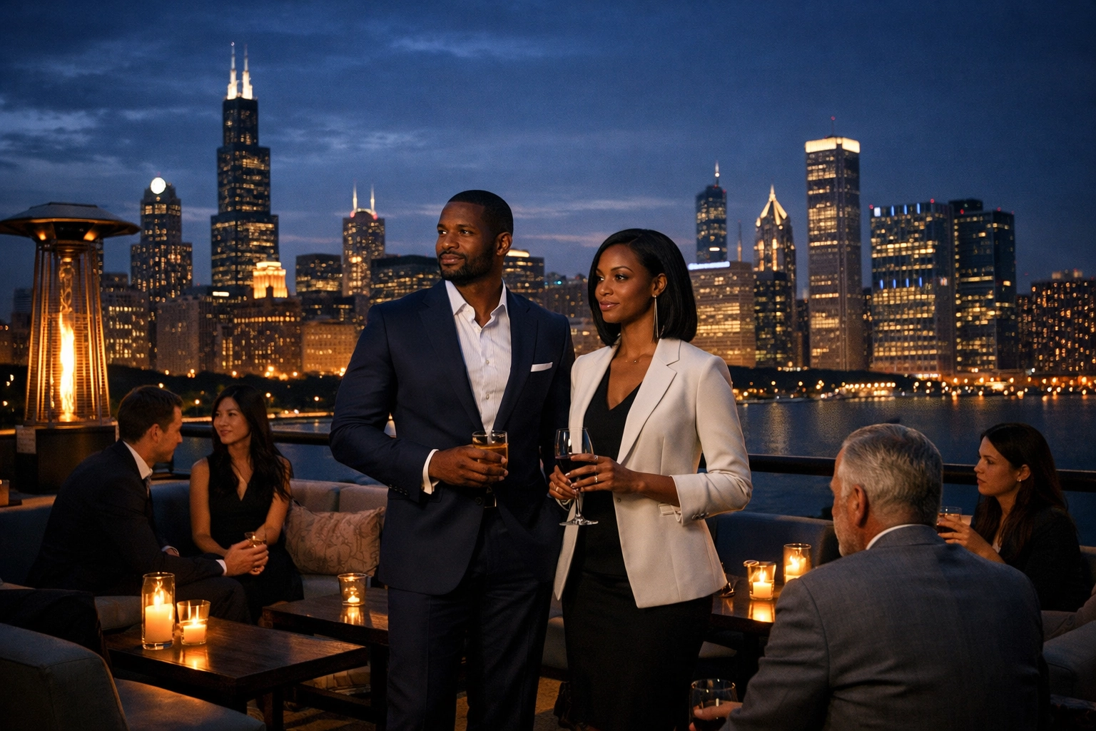Diverse Chicago professionals discussing community leadership at a rooftop lounge overlooking the city skyline.