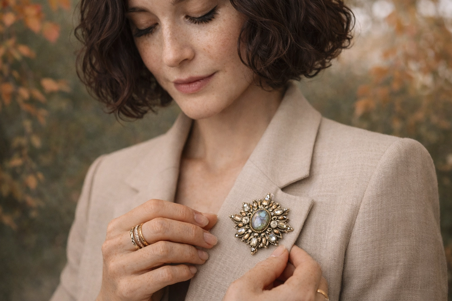 Woman adding signature vintage brooch to blazer for authentic personal branding