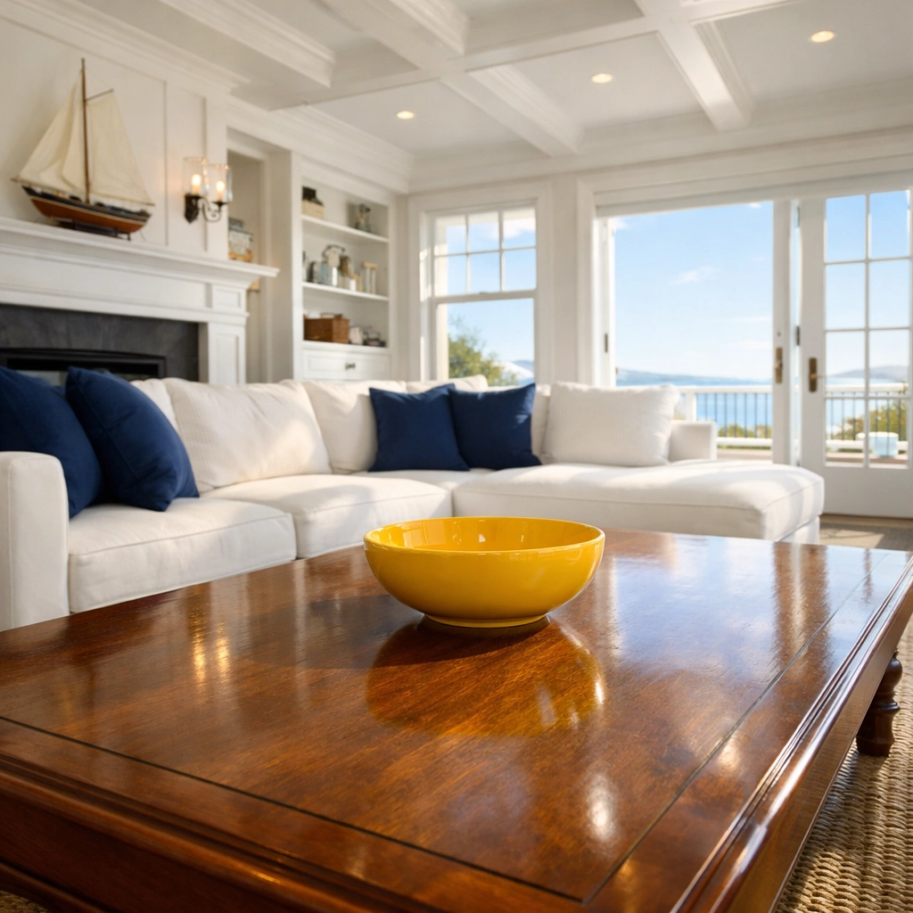 A sun-drenched, dust-free living room in Stow MA following a professional residential deep cleaning.