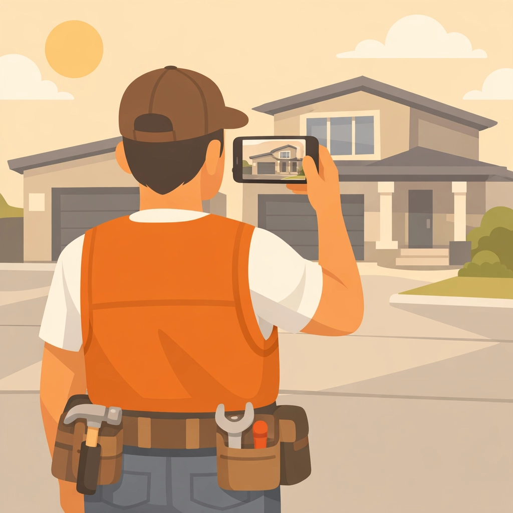 Contractor using a photo app to document a residential job site's condition before starting work.