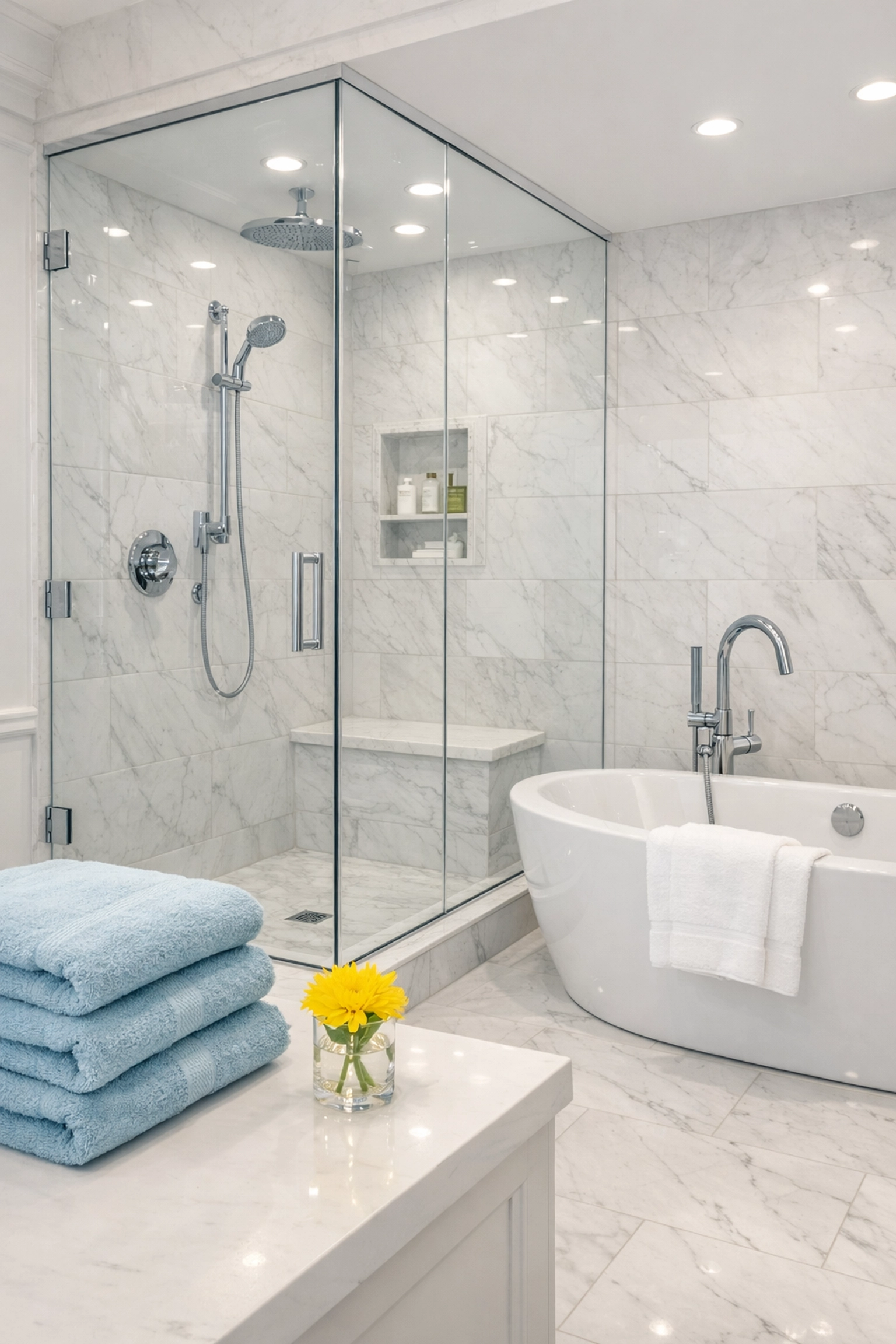 High-end sanitized bathroom with marble tiles after a detailed deep cleaning in Cambridge MA.