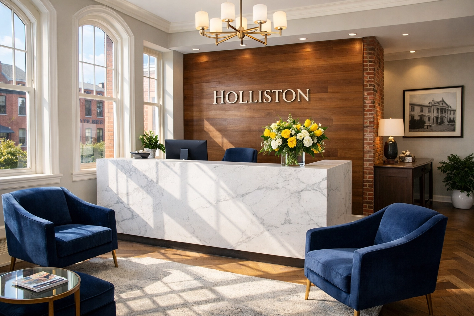 Professional office cleaning Holliston reception with marble desk and sunlight.