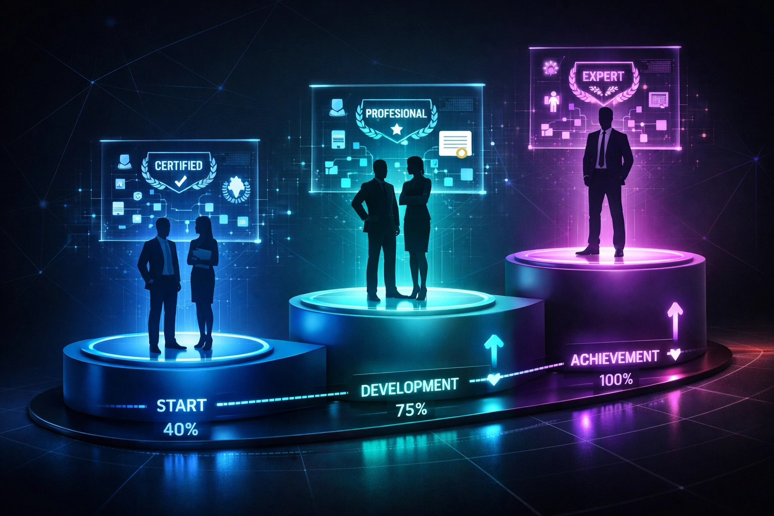 Three-stage talent development pathway showing skill progression from high school to professional
