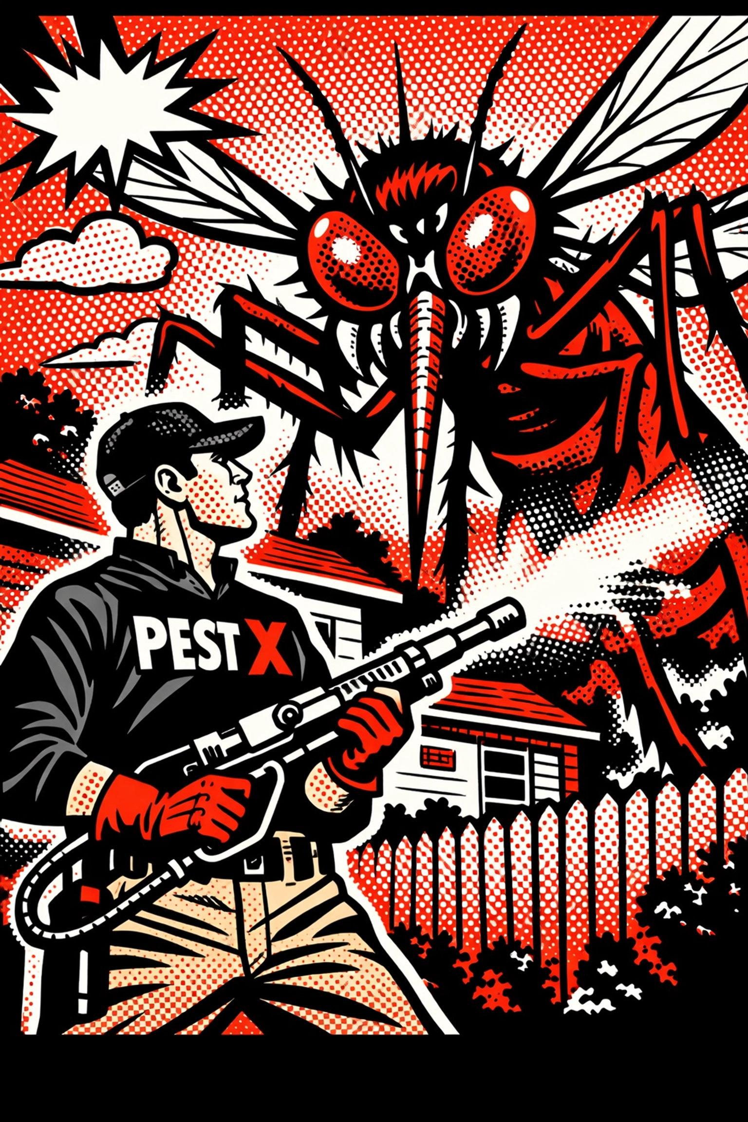 Heroic mosquito control technician in Jasper AL fighting giant mosquitoes in a retro comic style
