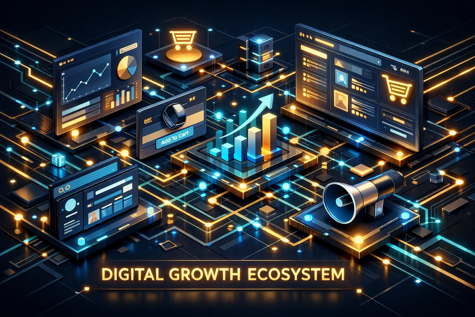A digital growth ecosystem representing integrated marketing services and SEO for small business success.