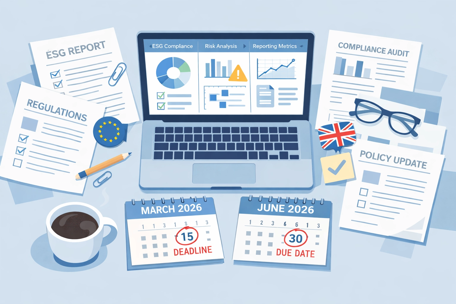 ESG compliance workspace with regulatory documents and 2026 deadline calendar