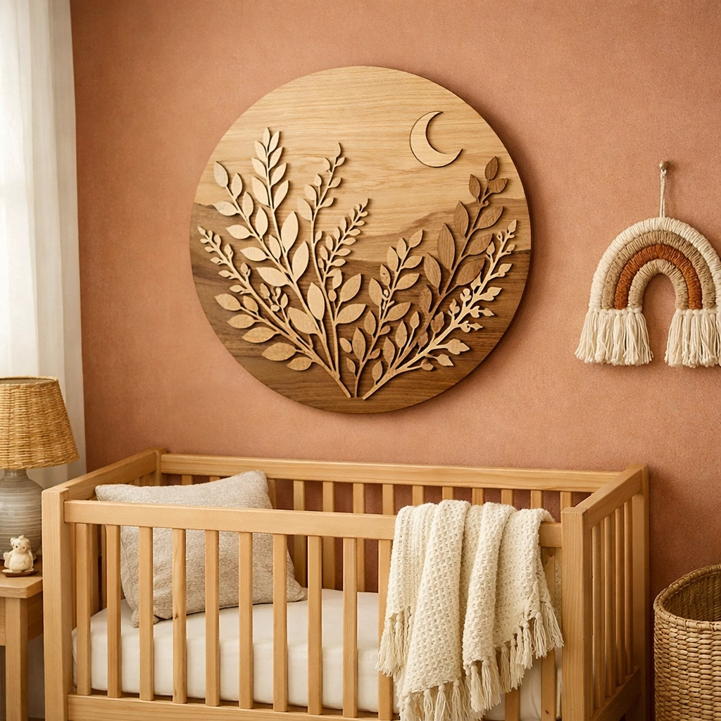 Circular custom wood sign featuring laser engraved botanical designs hanging in a bright baby nursery.