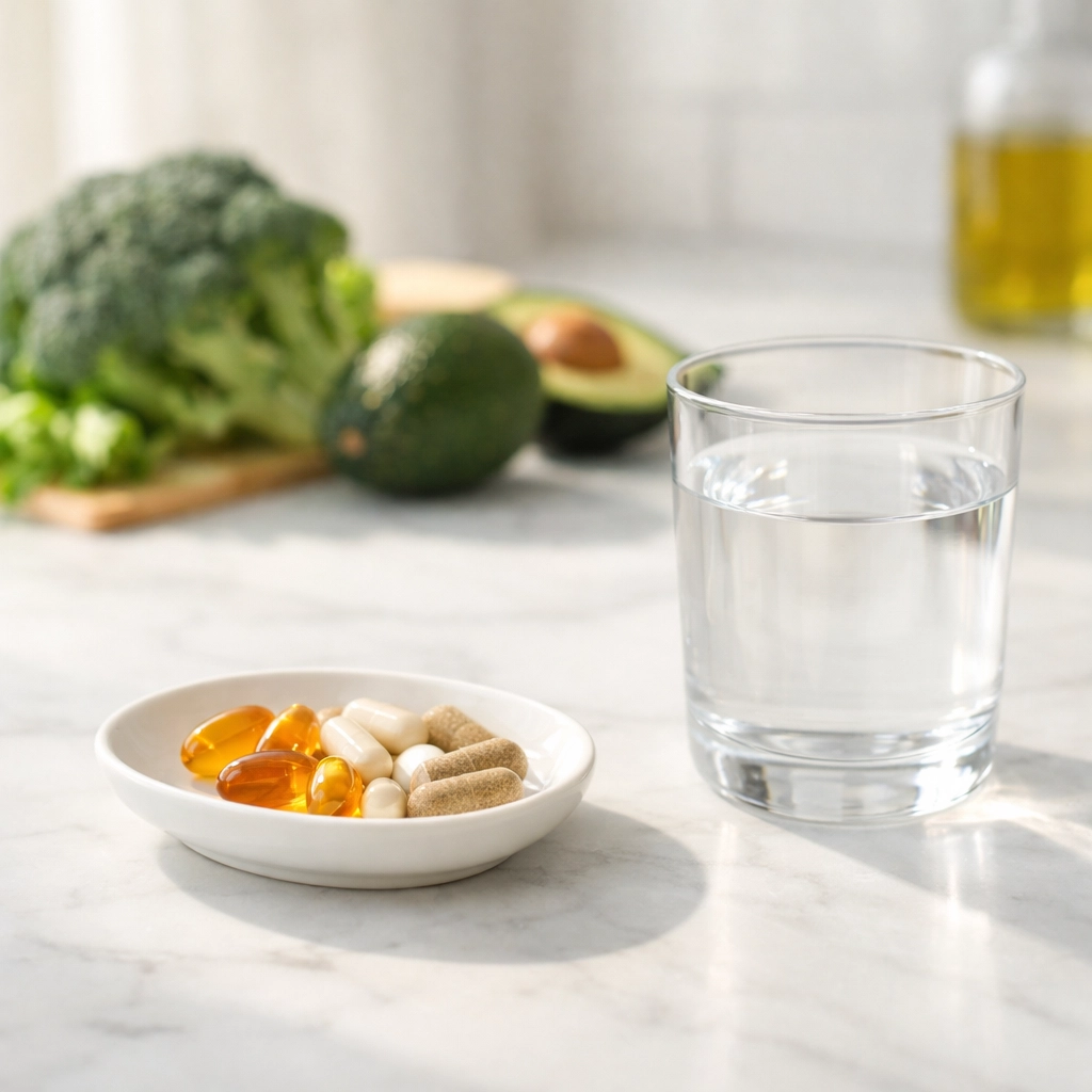 NMN 300mg supplement capsules with water and fresh vegetables on kitchen counter