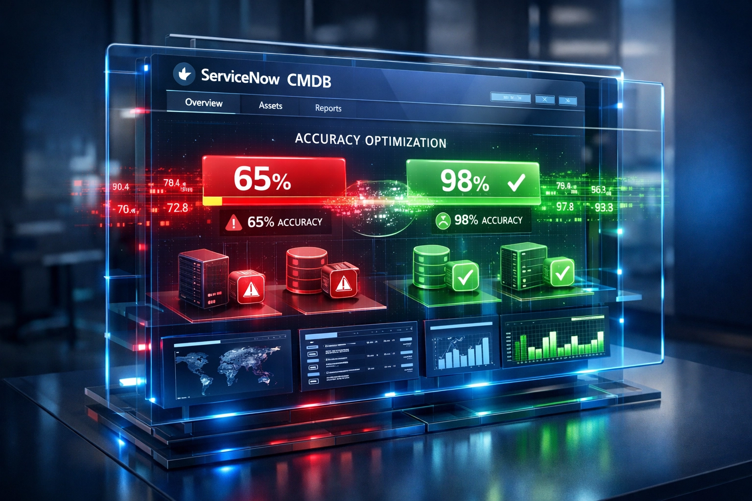 ServiceNow CMDB dashboard showing data quality improvement from 75% to 98% accuracy for ITOM automation