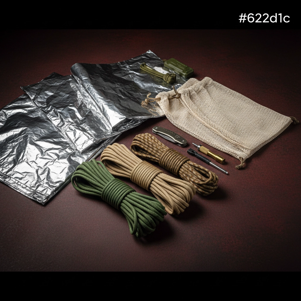 A picture of emergency mylar blankets, some paracords and a couple of small cloth bags.