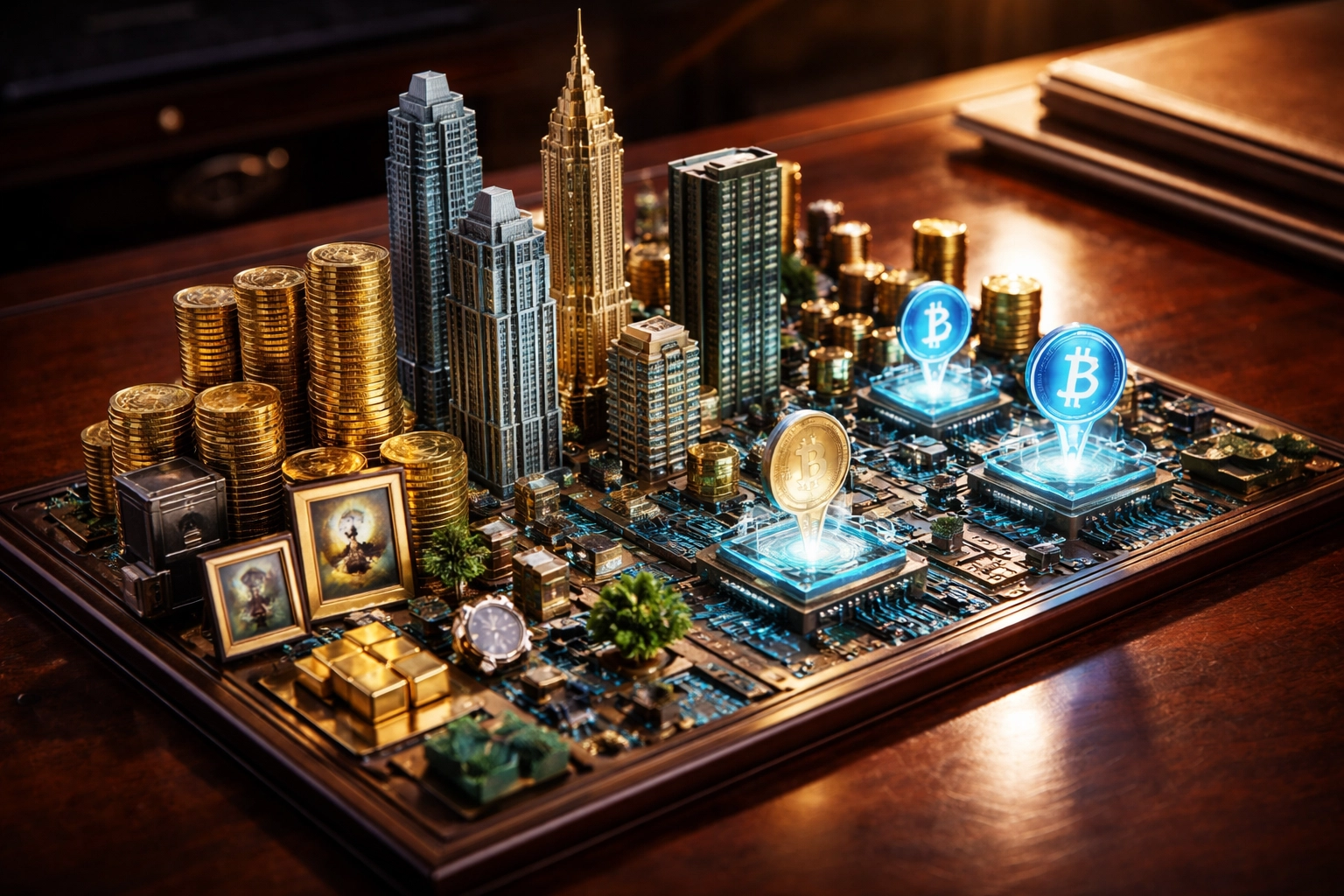 Visual representation of a diversified investment portfolio with real estate, crypto, and traditional assets