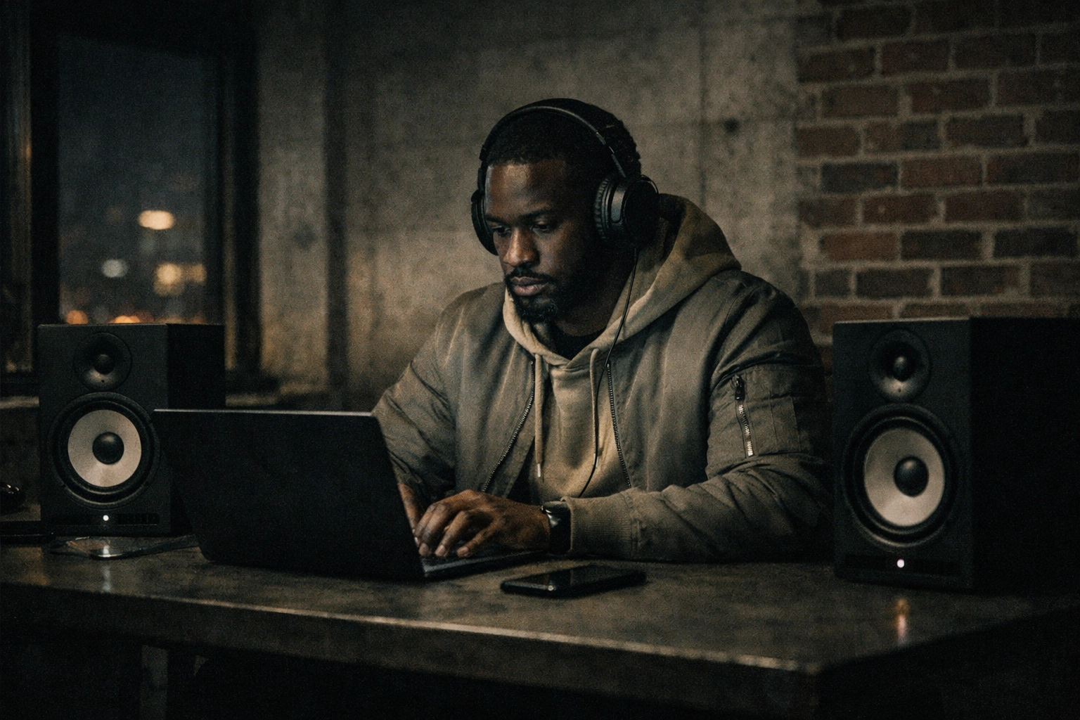 Gritty cinematic minimalist: Black professional in an urban workspace using studio headphones and audio gear for focused deep work