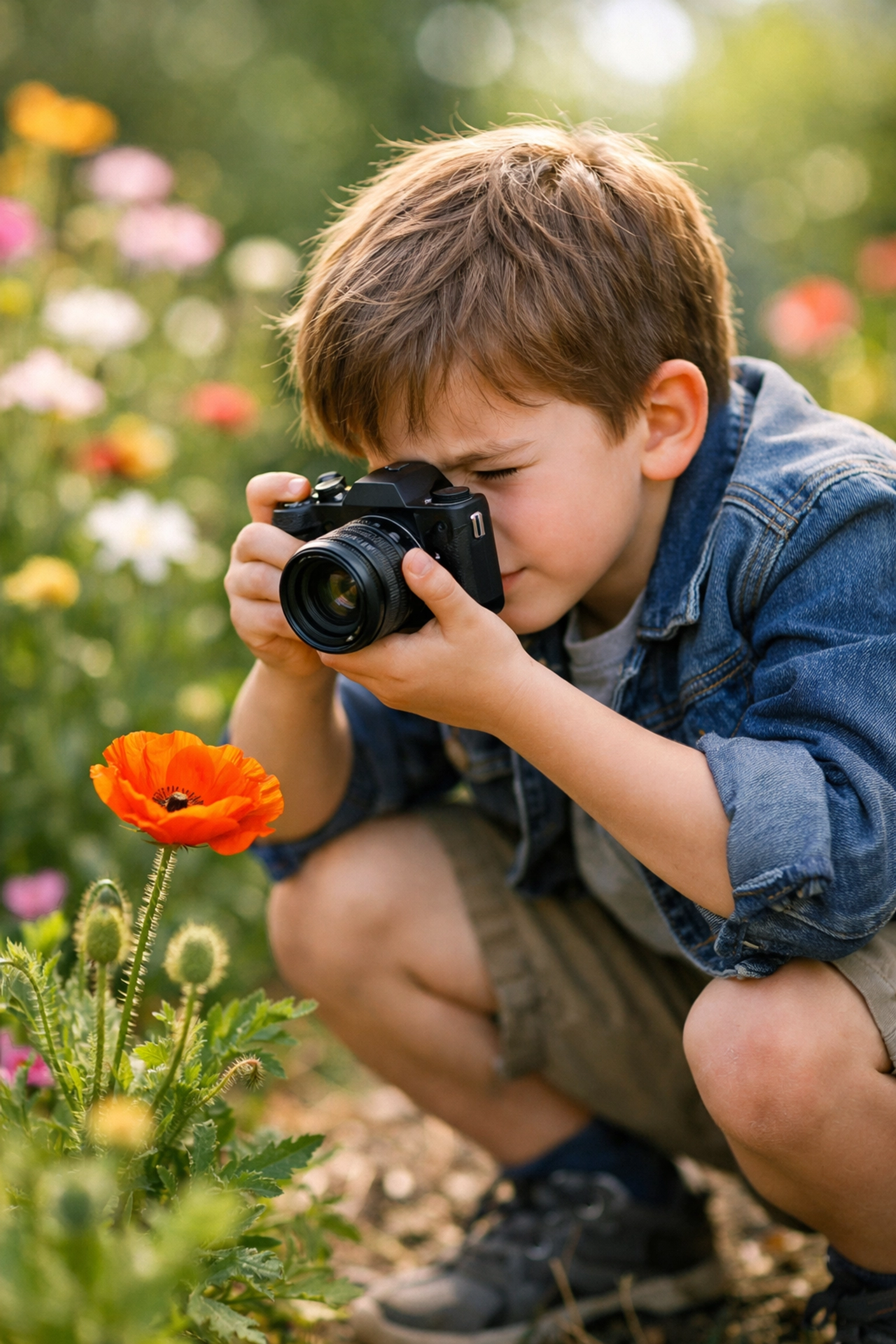 Young child practicing photography in a garden, capturing memories during a family trip.