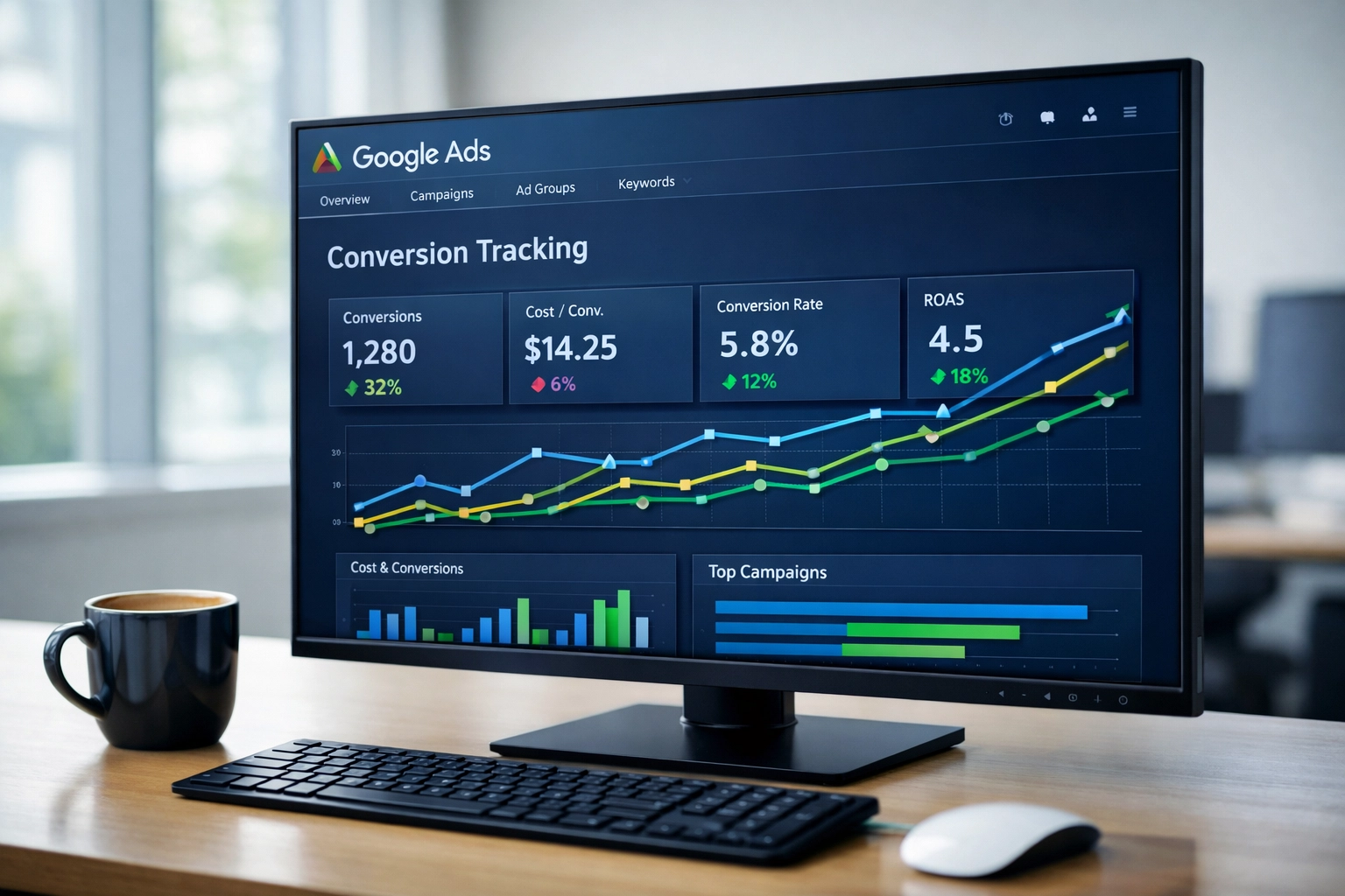 Google Ads dashboard showing conversion tracking data and performance metrics for lead generation campaigns