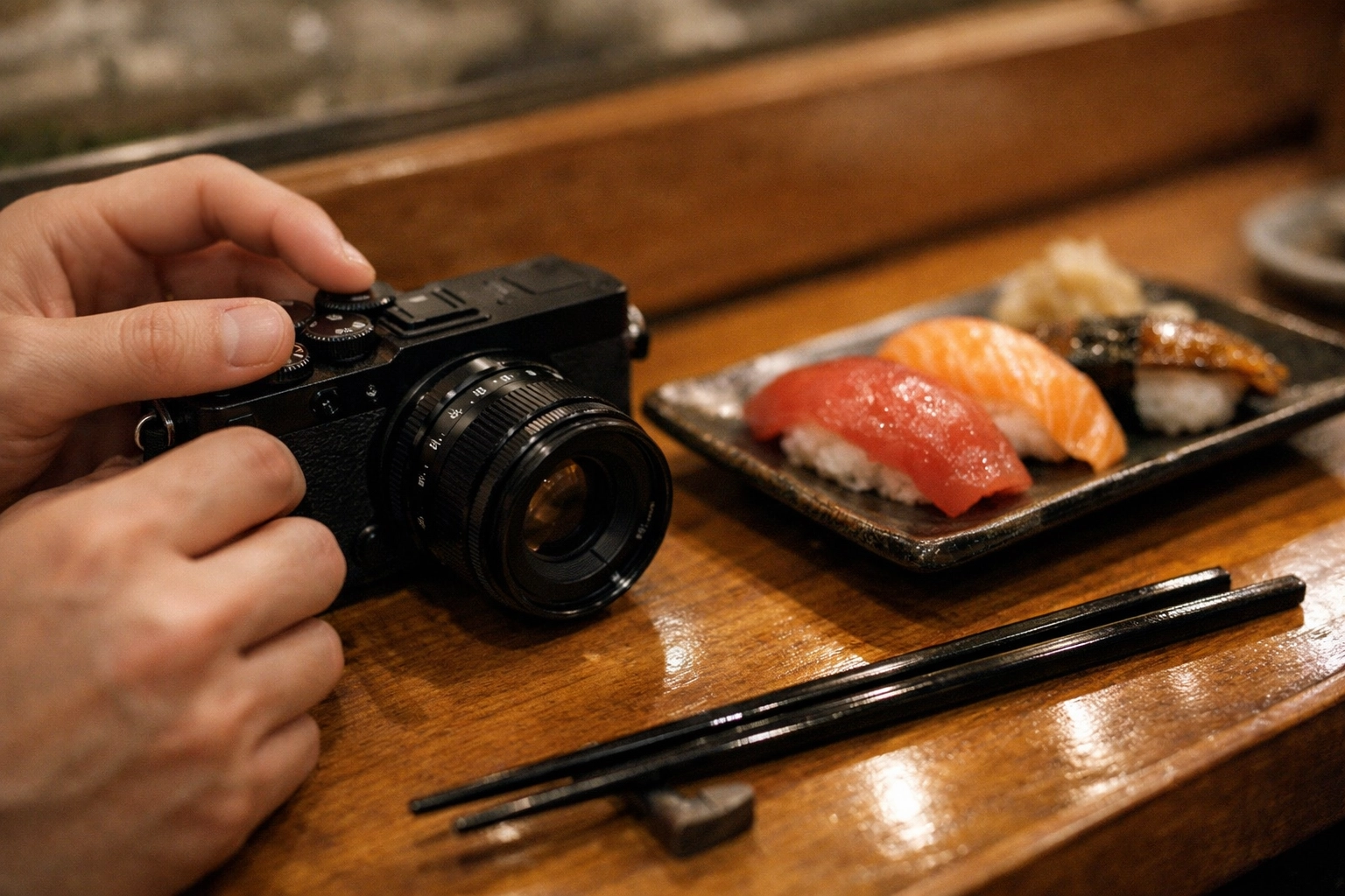 Mirrorless camera on a wooden counter ready for food photography at a Ginza sushi bar.