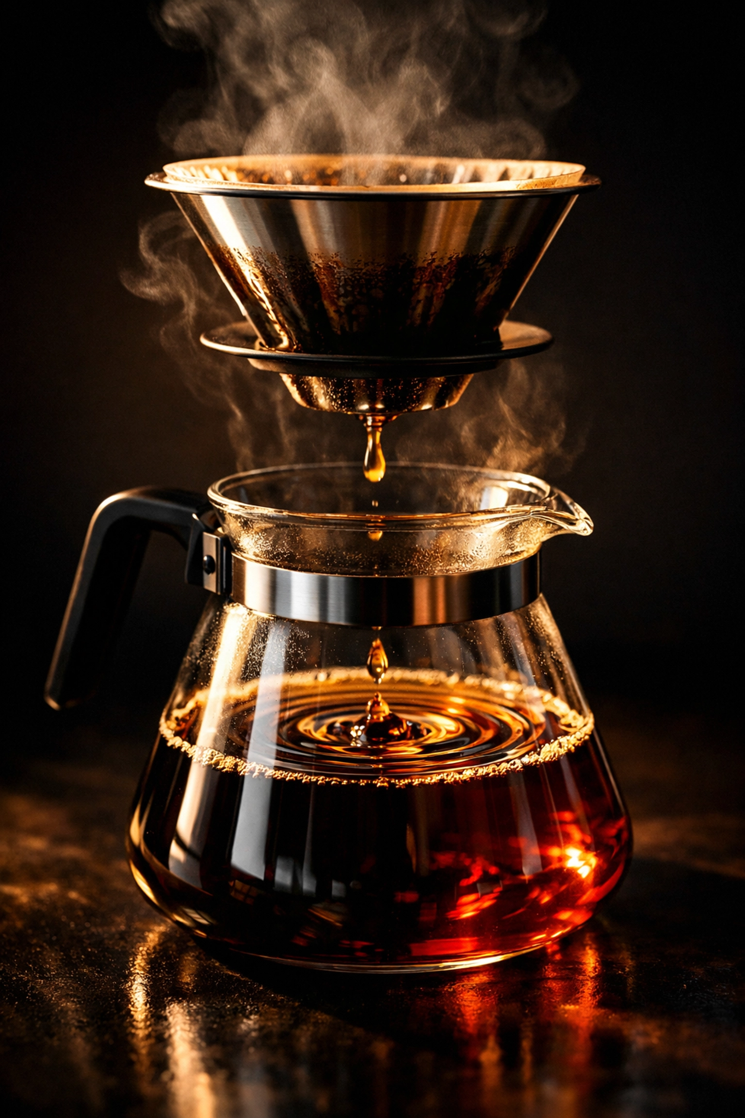 A five-star coffee experience at home using a pour-over dripper and a glass carafe with steaming fresh coffee.