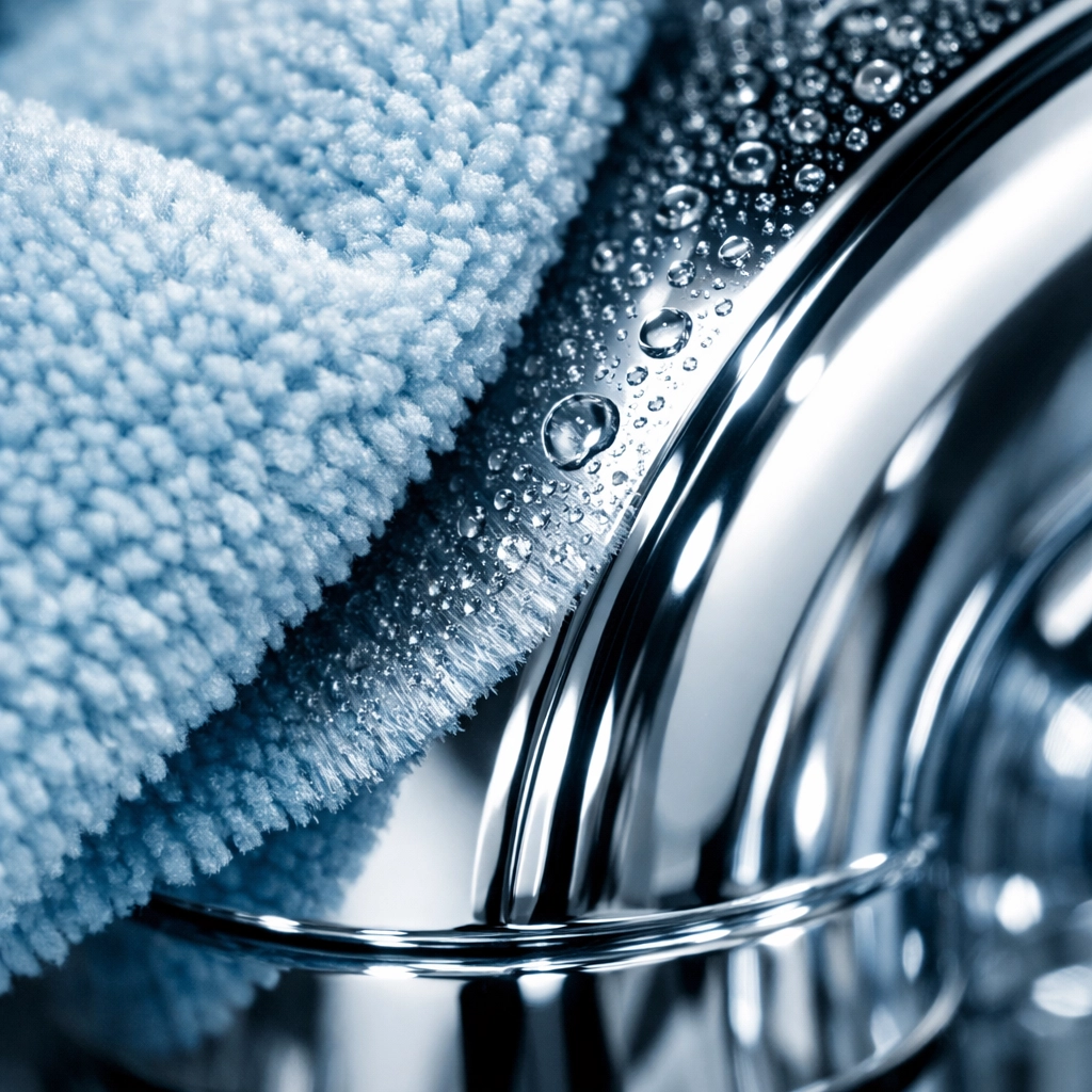 Detailed shot of a chrome bathroom fixture being polished by a professional housekeeping team.