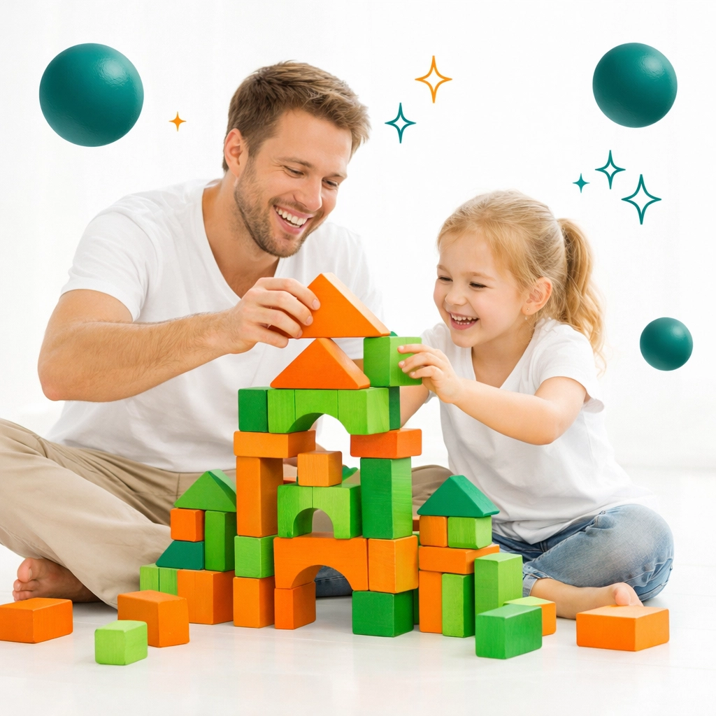 Father and daughter building a strong foundation with blocks, representing Christian life skills training.