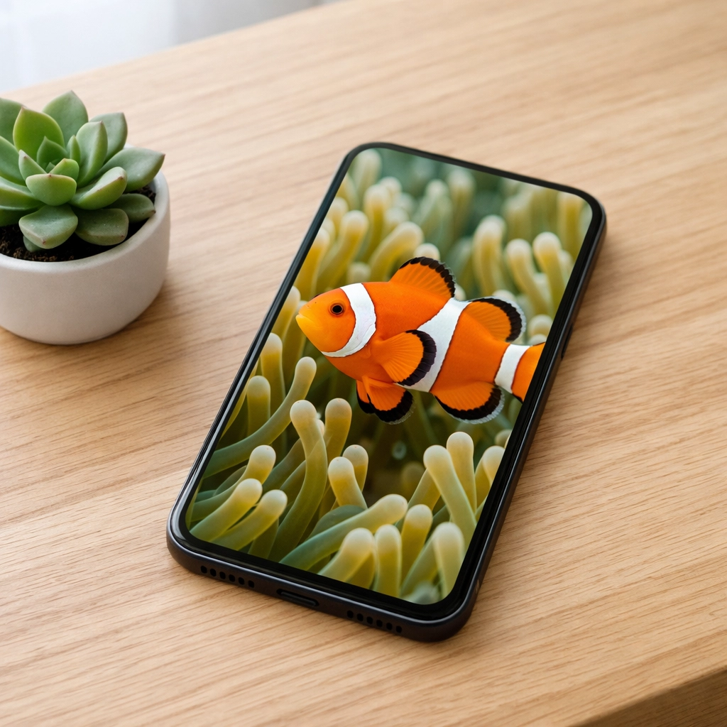 Mobile-optimized animal spotlight showing a vibrant clownfish on a smartphone screen.