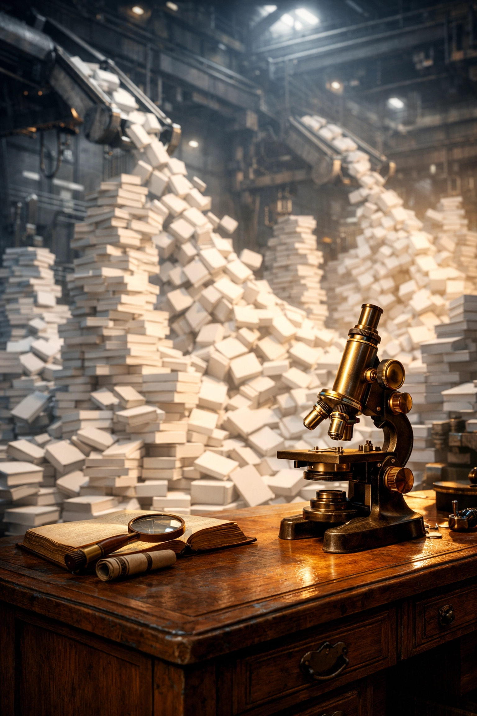 Microscope ancien et livres en série illustrant la quête d'intégrité scientifique face à la recherche industrielle.