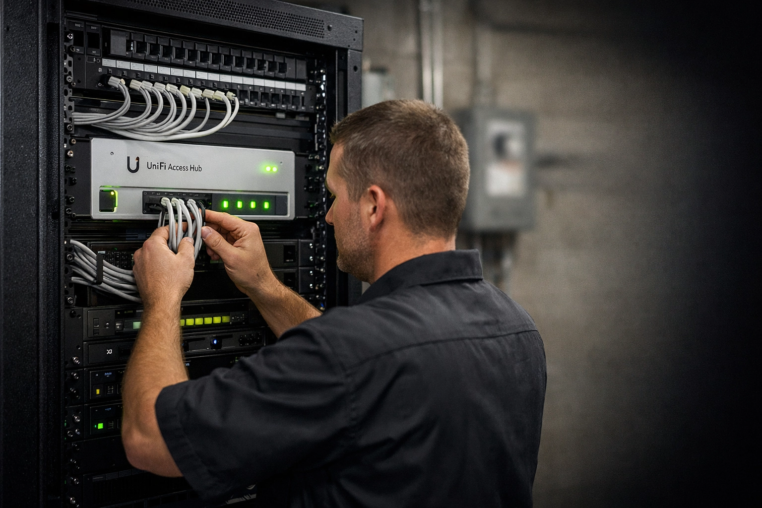 Professional UniFi Access Hub installation with organized cabling in a Midwest manufacturing server room.
