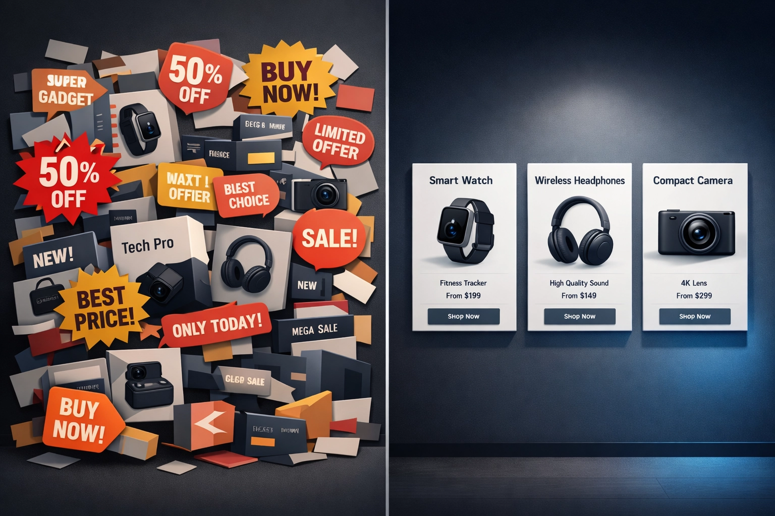 Comparison of cluttered product links versus clean curated affiliate resource layout