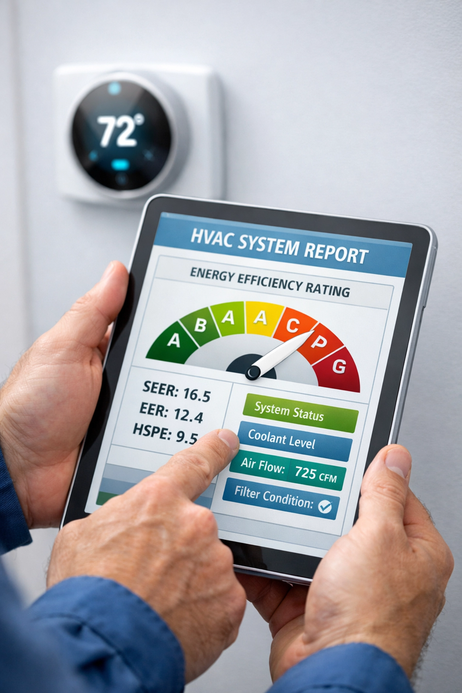 HVAC technician reviewing energy efficiency SEER ratings on tablet next to residential thermostat